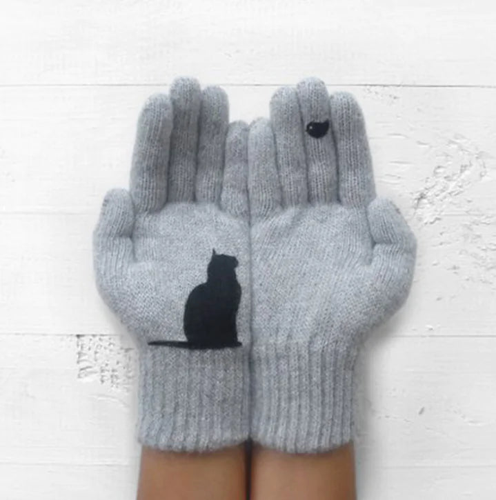 Women's Knitted Gloves with Cat and Bird Print