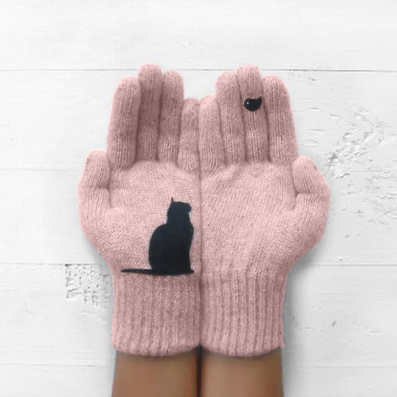 Women's Knitted Gloves with Cat and Bird Print
