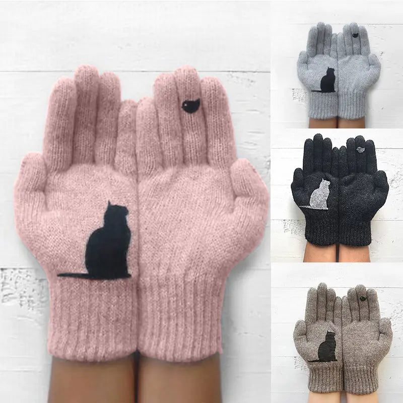 Women's Knitted Gloves with Cat and Bird Print