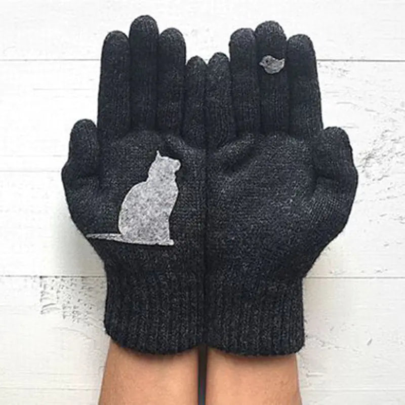 Women's Knitted Gloves with Cat and Bird Print