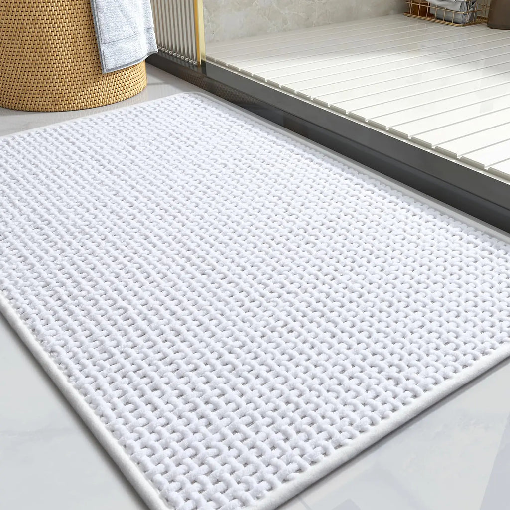 COCOER-Quick Dry Chenille Bath Mat-Non Slip Rubber Backed Rug-White 17x24