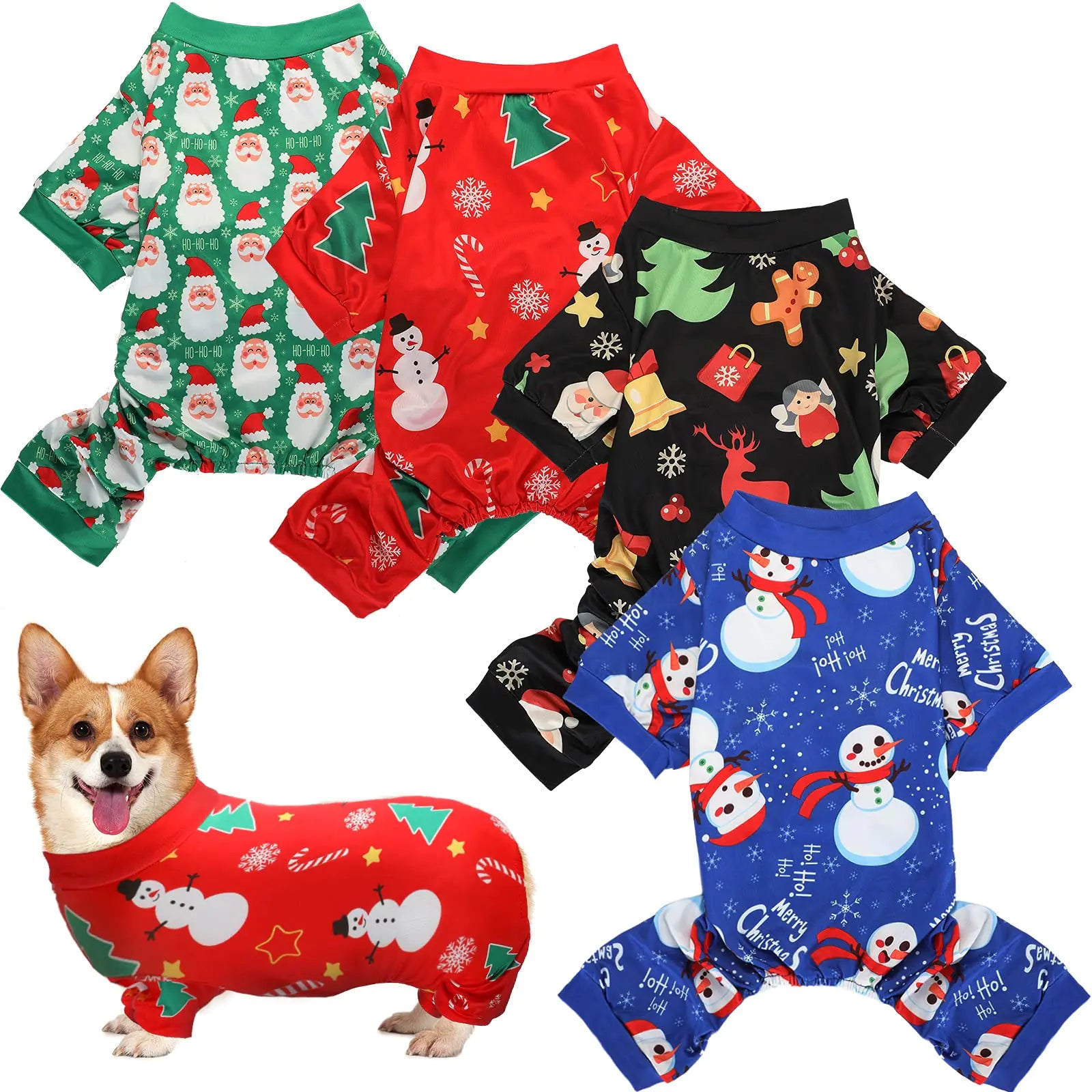 4-Pack Festive Dog Pajamas with Santa and Snowman Designs