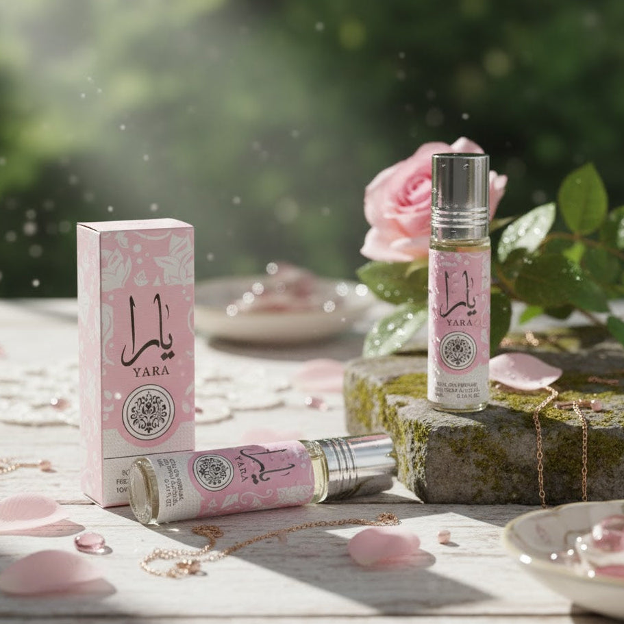 Yara perfume bottles and packaging on a decorative surface with flowers and jewelry.