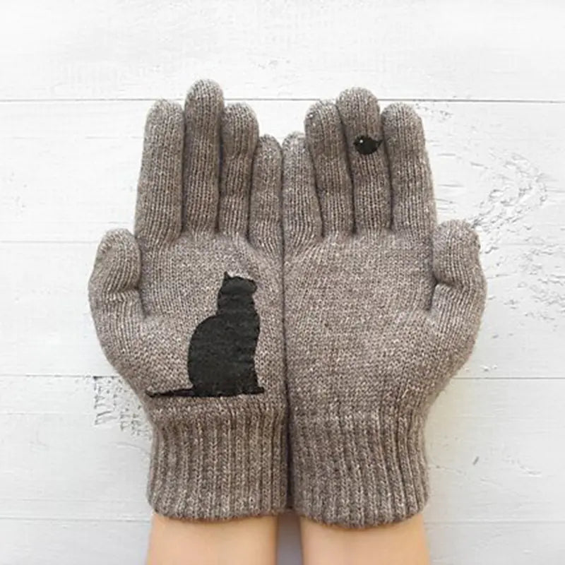 Women's Knitted Gloves with Cat and Bird Print